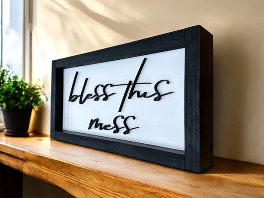 Framed Bless This Mess Wood Shadow Box Sign Mitten State Woodworks LLC