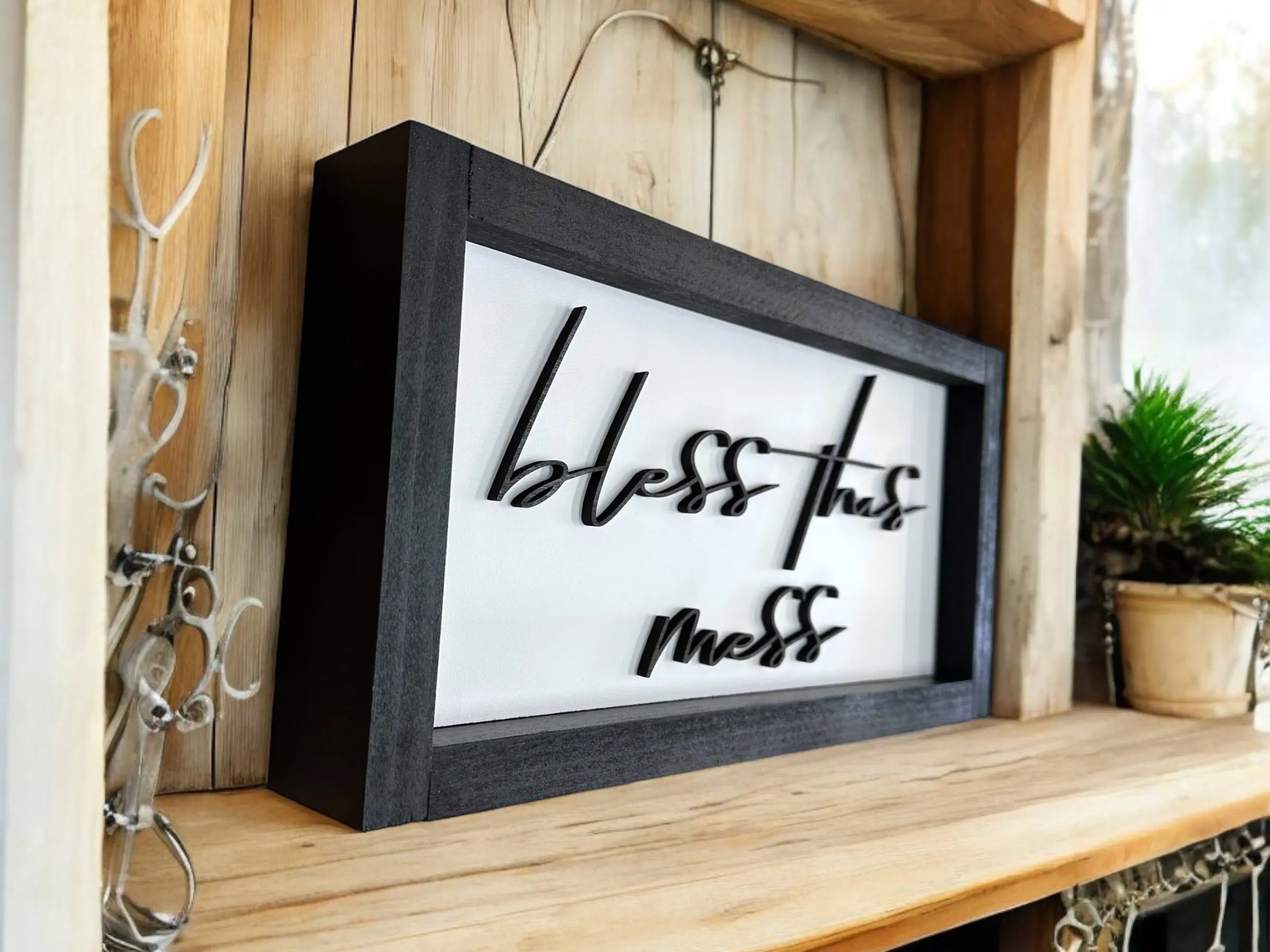 Framed Bless This Mess Wood Shadow Box Sign Mitten State Woodworks LLC