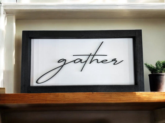 Framed Gather Wood Shadow Box Sign Mitten State Woodworks LLC