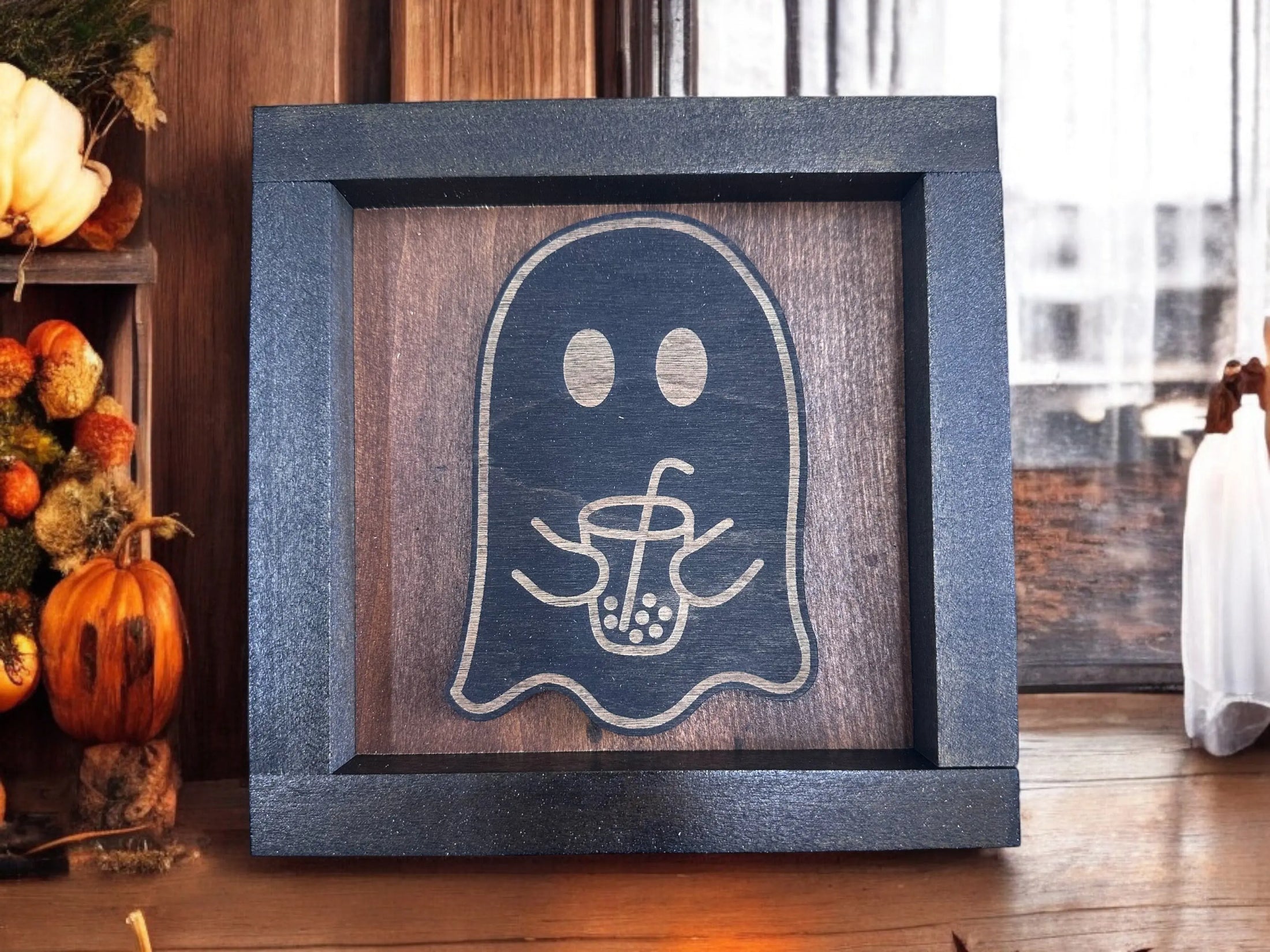 Halloween Ghost Holding a Drink Wood Display Sign Mitten State Woodworks LLC