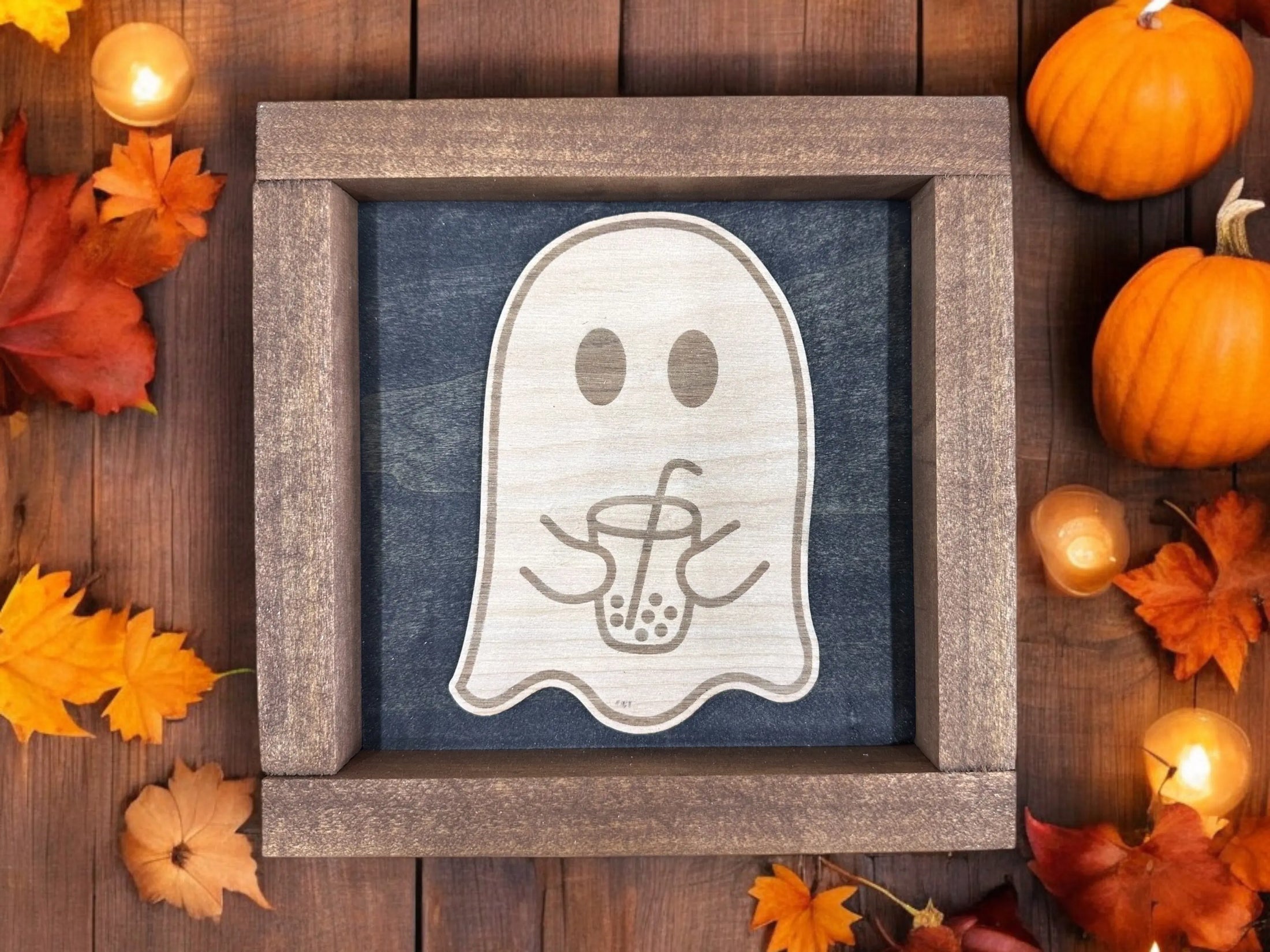 Halloween Ghost Holding a Drink Wood Display Sign Mitten State Woodworks LLC