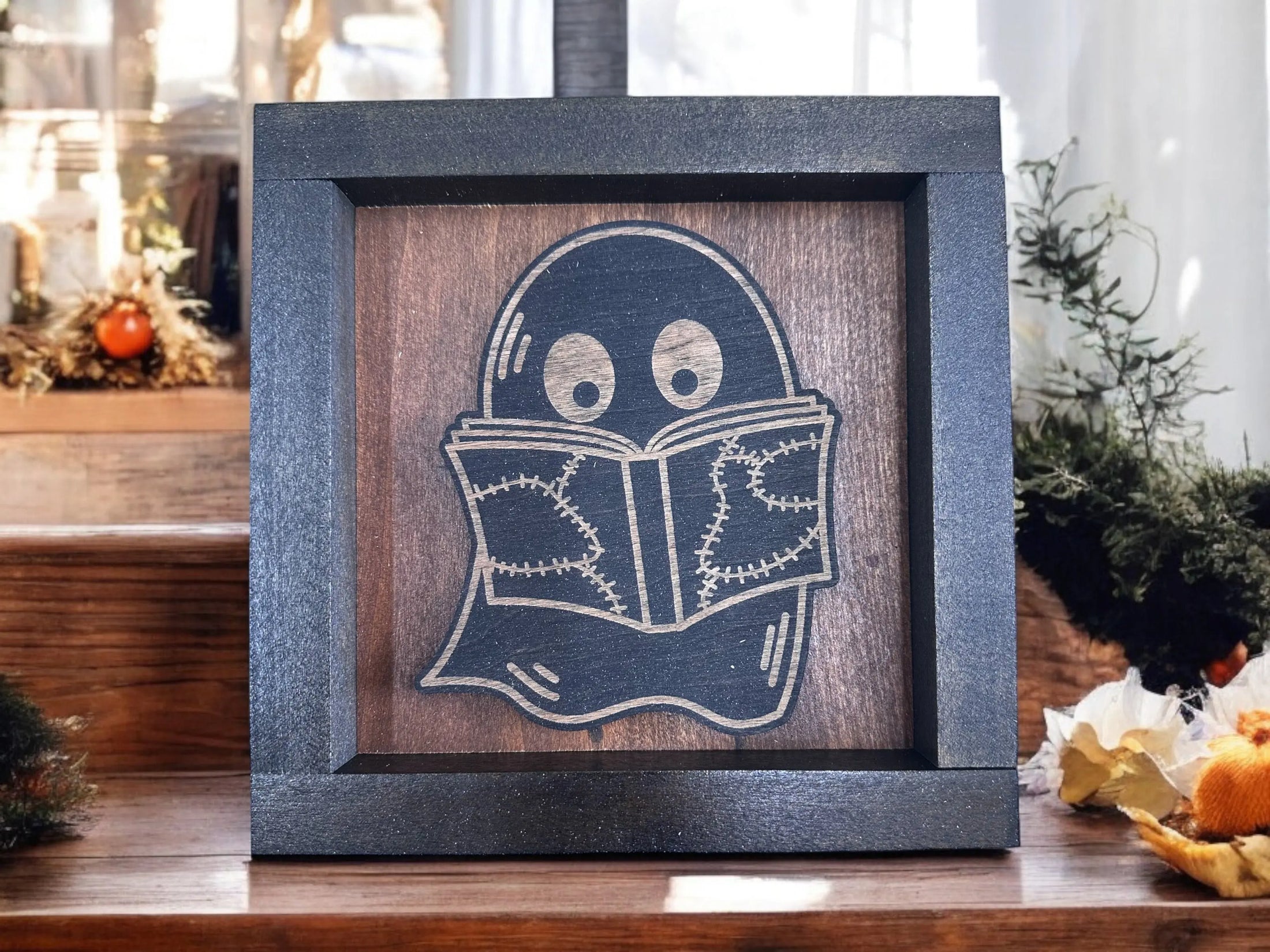 Halloween Ghost Reading a Book Wood Display Shadow Box Mitten State Woodworks LLC