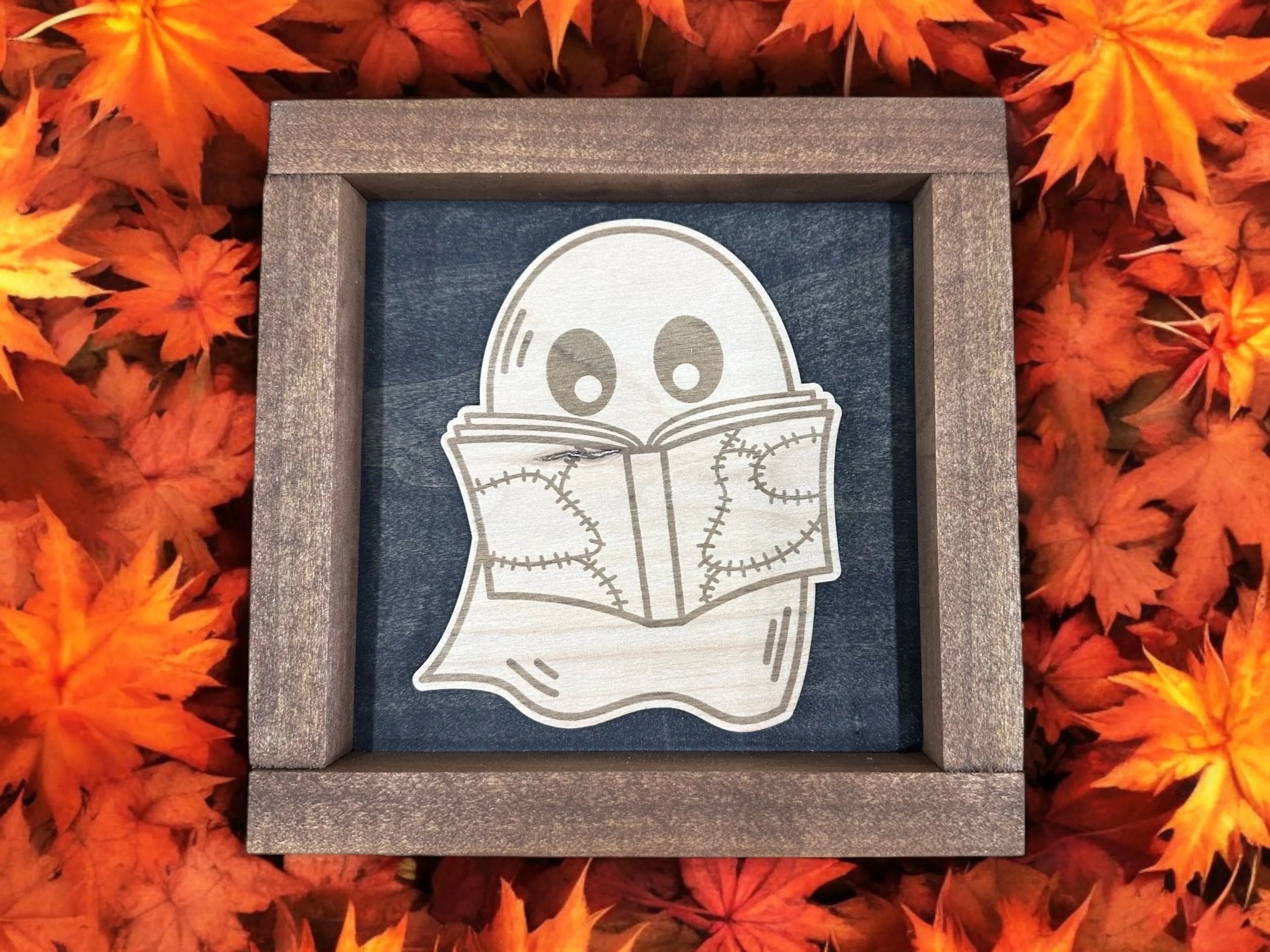 Halloween Ghost Reading a Book Wood Display Shadow Box Mitten State Woodworks LLC